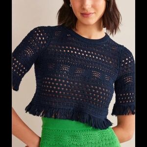 NWT NEW Boden Navy Blue Cropped Fringe Crochet Sweater Cropped Crop Top XS